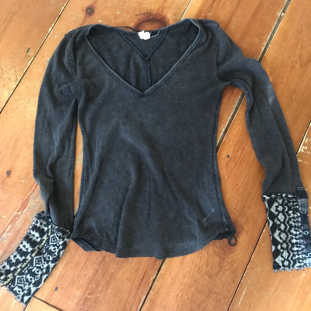 Free people Waffle knit v neck with fuzzy cuffs
